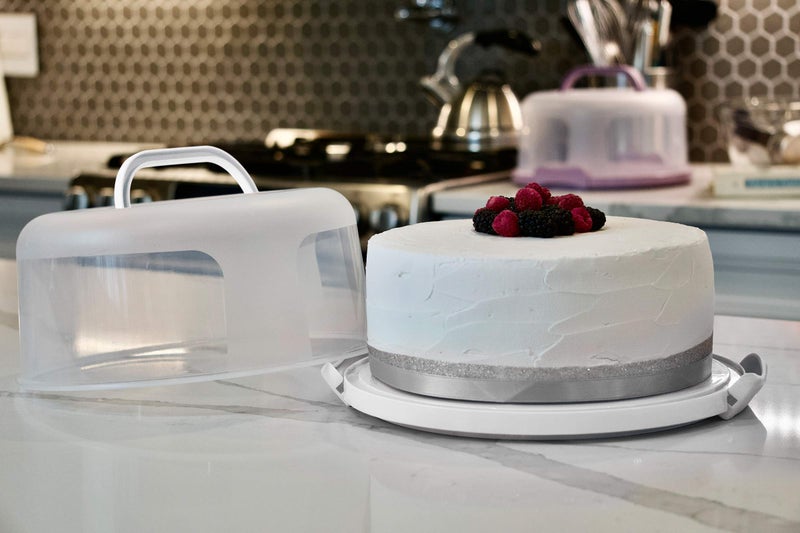 Highball  Chaser Top Shelf Elements Round Cake Carrier Two Sided Cake Holder Serves as Five Section Serving Tray, Portable Cake Stand Fits 10 inch Cake, Cake Box Comes With Handle, Cake Container Holds Pies (White) - Image 3